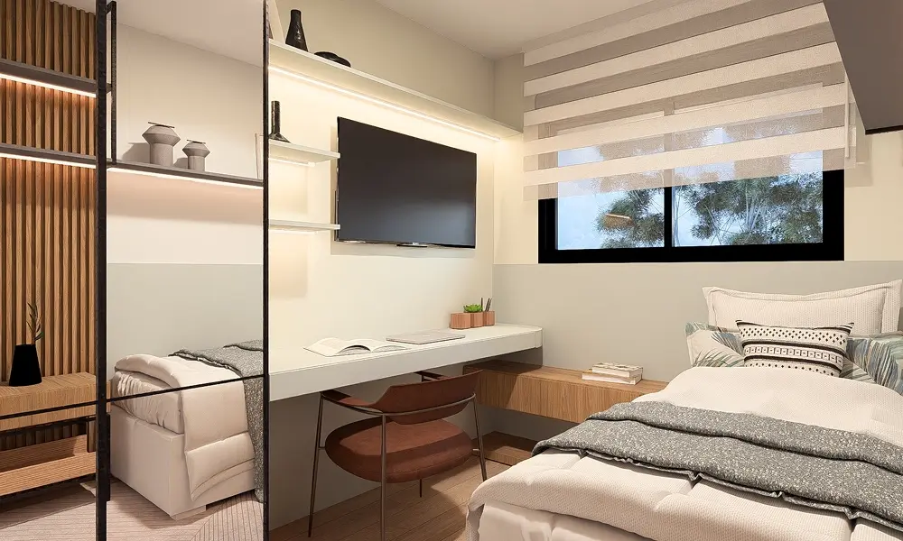 Dormitório com home office — apartamento decorado do Bliss Cuore